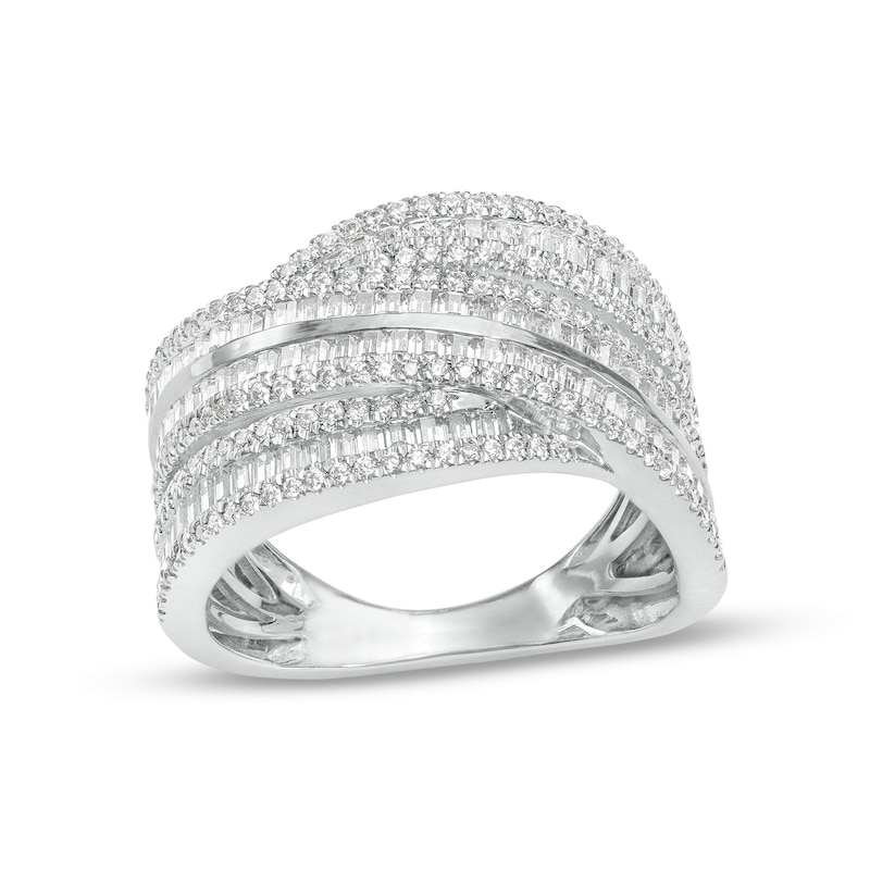 Main Image 1 of 1 CT. T.W. Baguette and Round Diamond Multi-Row Crossover Ring in 10K White Gold