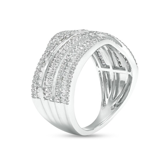 1 CT. T.w. Baguette and Round Diamond Multi-Row Crossover Ring in 10K White Gold