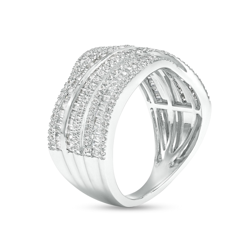 Main Image 3 of 1 CT. T.W. Baguette and Round Diamond Multi-Row Crossover Ring in 10K White Gold