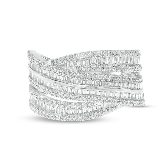 1 CT. T.w. Baguette and Round Diamond Multi-Row Crossover Ring in 10K White Gold