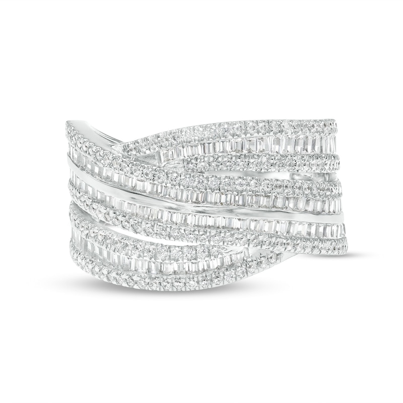 Main Image 4 of 1 CT. T.W. Baguette and Round Diamond Multi-Row Crossover Ring in 10K White Gold
