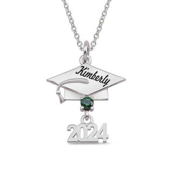 Gemstone Engravable 2024 Graduation Cap Pendant (1 Stone and Line)
