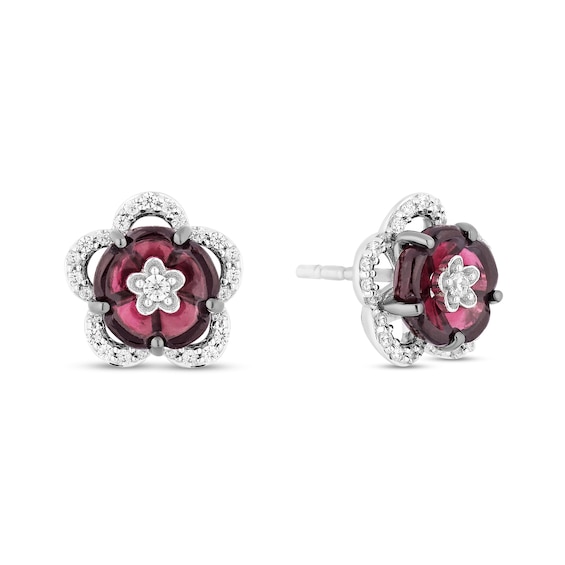Enchanted Disney Mulan Rhodolite Garnet and 1/5 CT. T.w. Diamond Flower Stud Earrings in Sterling Silver