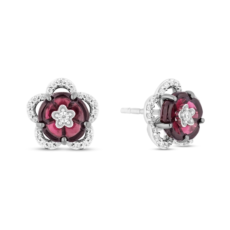 Enchanted Disney Mulan Rhodolite Garnet and 1/5 CT. T.W. Diamond Flower Stud Earrings in Sterling Silver