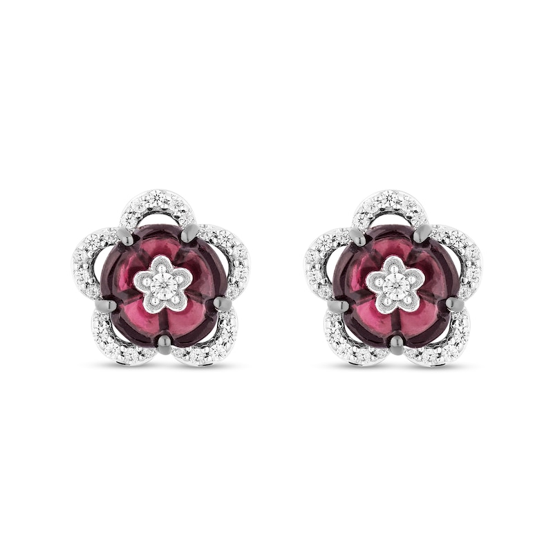 Enchanted Disney Mulan Rhodolite Garnet and 1/5 CT. T.W. Diamond Flower Stud Earrings in Sterling Silver