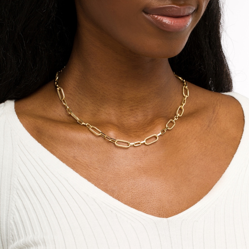 Alternating Paper Clip Necklace in Hollow 14K Gold