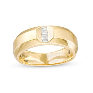 Vera Wang Men's 1/10 CT. T.W. Baguette Diamond Five Stone Linear Groove Wedding Band in 14K Gold (I/SI2)