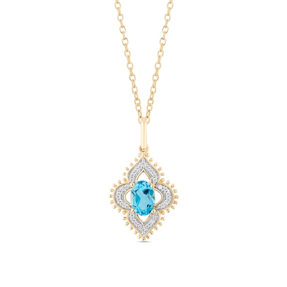Enchanted Disney Jasmine Oval Swiss Blue Topaz and 1/10 CT. T.w. Diamond Beaded Ornate Frame Pendant in 10K Gold â 19"