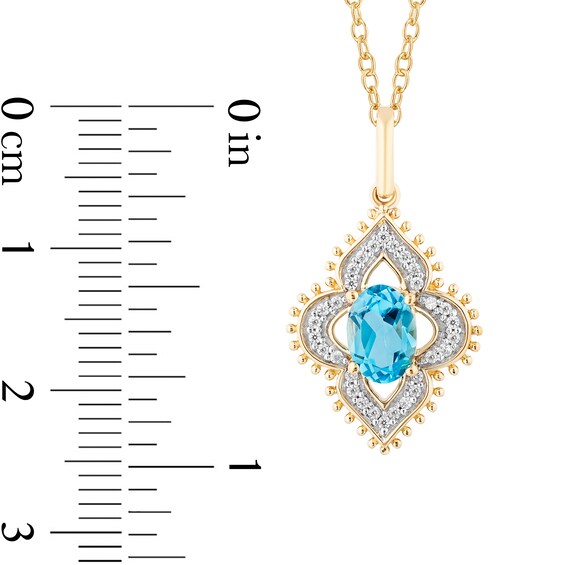 Enchanted Disney Jasmine Oval Swiss Blue Topaz and 1/10 CT. T.w. Diamond Beaded Ornate Frame Pendant in 10K Gold â 19"