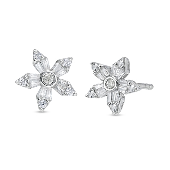 1/4 CT. T.w. Baguette and Round Diamond Flower Stud Earrings in 10K White Gold