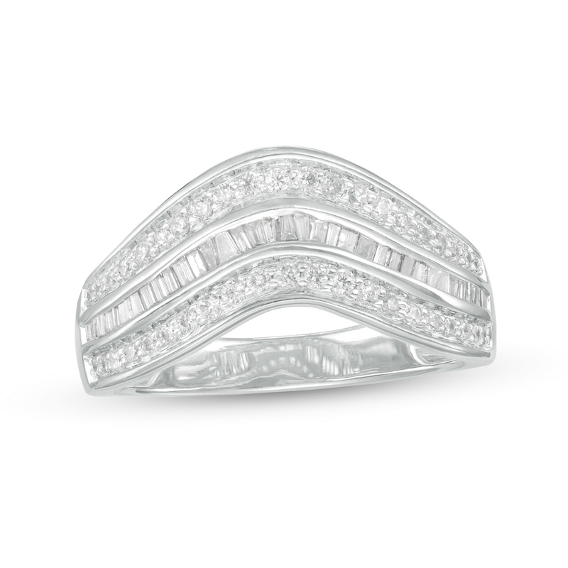 Main Image 1 of 1/2 CT. T.W. Baguette and Round Diamond Contour Triple Row Anniversary Band in 10K White Gold