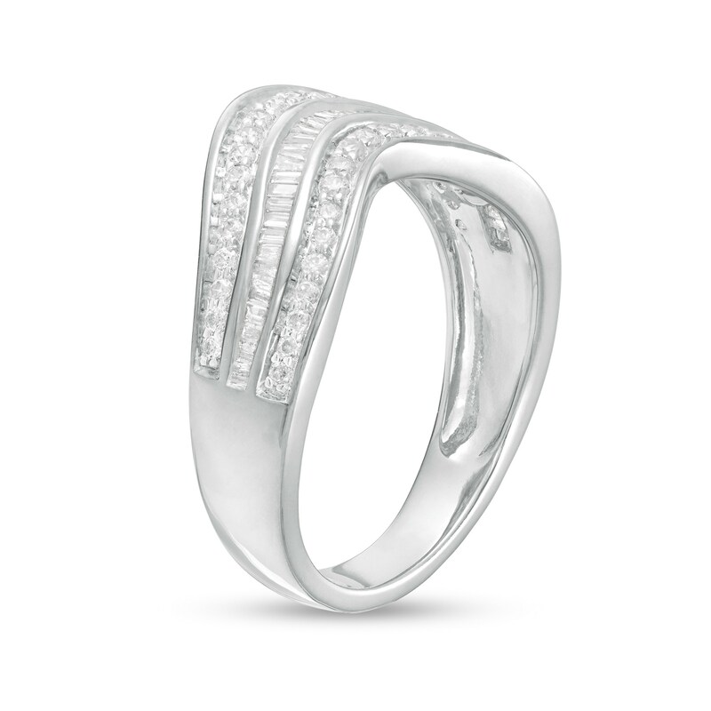 Main Image 3 of 1/2 CT. T.W. Baguette and Round Diamond Contour Triple Row Anniversary Band in 10K White Gold