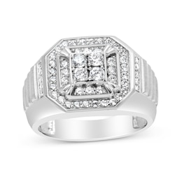 1 CT. T.W. Quad Diamond Octagonal Double Frame Ribbed Shank Ring in 10K White Gold