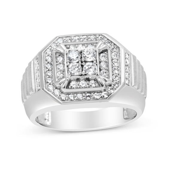 1 CT. T.w. Quad Diamond Octagonal Double Frame Ribbed Shank Ring in 10K White Gold