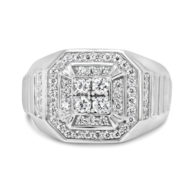 Main Image 3 of Men's 1 CT. T.W. Quad Diamond Octagonal Double Frame Ribbed Shank Ring in 10K White Gold