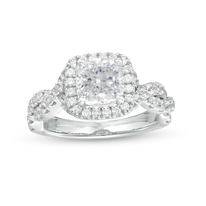 Main Image 1 of 2-3/4 CT. T.W. Certified Cushion-Cut Lab-Grown Diamond Frame Twist Shank Engagement Ring in 14K White Gold (F/VS2)