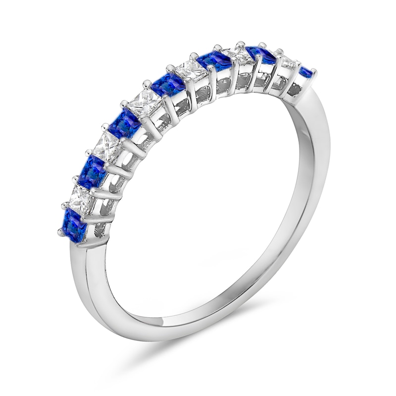 Main Image 2 of Princess-Cut Blue Sapphire and 1/5 CT. T.W. Princess-Cut Diamond Alternating Anniversary Band in 10K White Gold