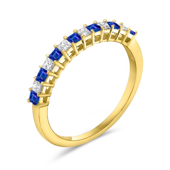 Princess-Cut Blue Sapphire and 1/5 CT. T.w. Princess-Cut Diamond Alternating Anniversary Band in 10K Gold