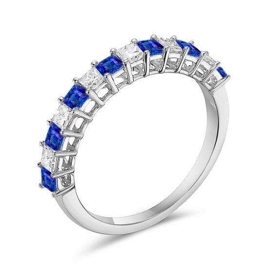 Princess-Cut Blue Sapphire and 3/8 CT. T.w. Princess-Cut Diamond Alternating Anniversary Band in 10K White Gold
