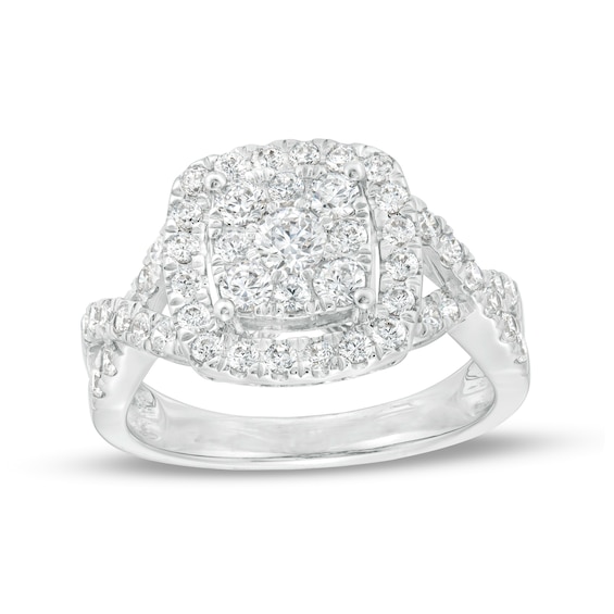 1 CT. T.w. Cushion-Shaped Multi-Diamond Frame Twist Shank Ring in 10K White Gold
