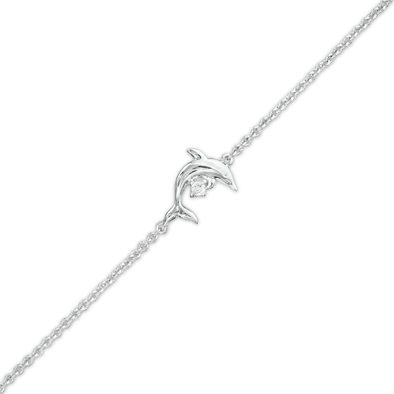Main Image 1 of 1/20 CT. T.W. Diamond Dolphin Station Anklet in Sterling Silver – 10"
