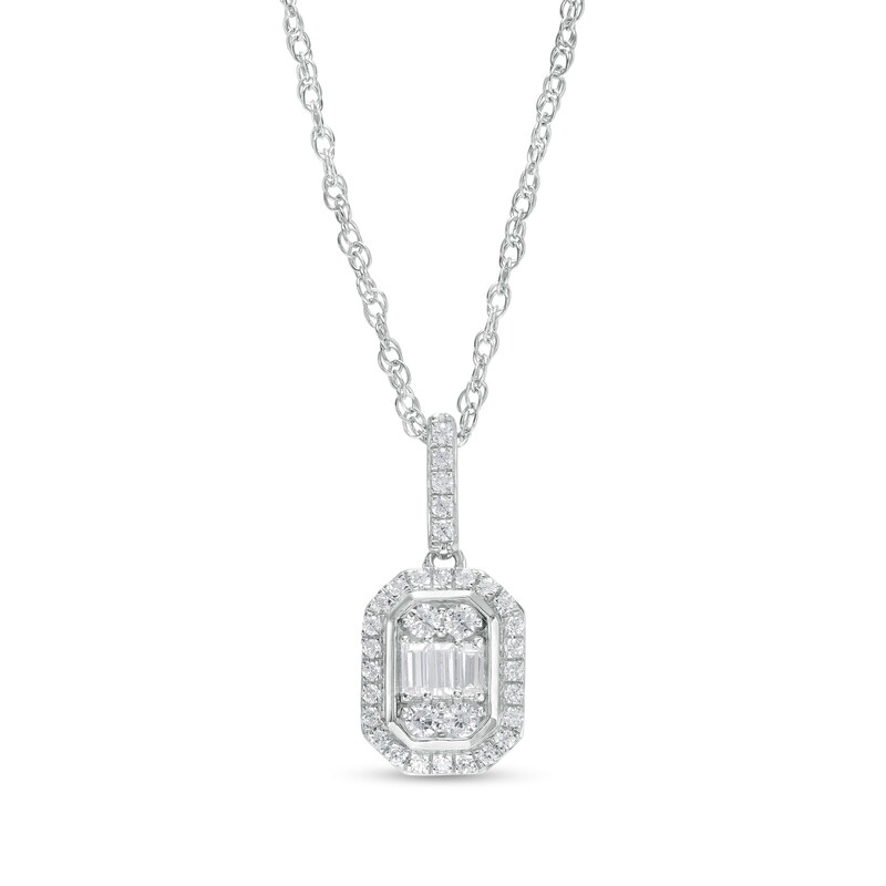 Main Image 1 of 1/4 CT. T.W. Emerald-Shaped Multi-Diamond Frame Pendant in 10K White Gold