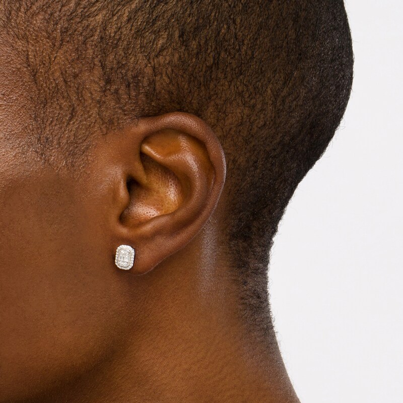 Main Image 2 of 1/3 CT. T.W. Emerald-Shaped Multi-Diamond Frame Stud Earrings in 10K White Gold