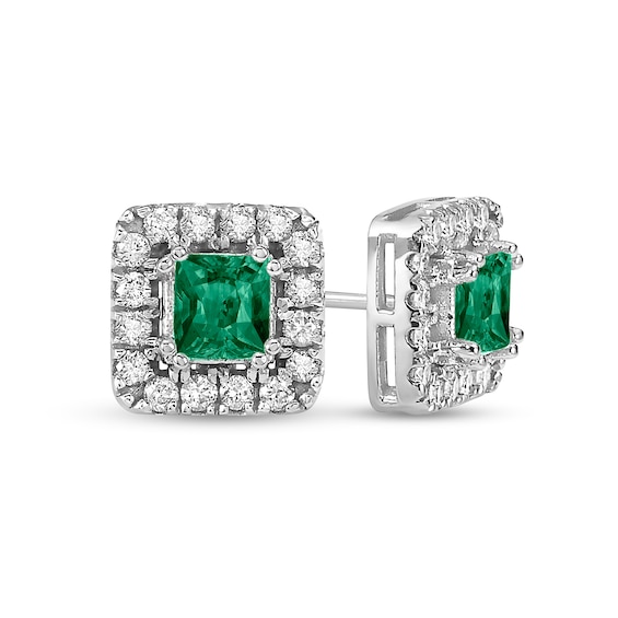 4.0mm Princess-Cut Emerald and 1/2 CT. T.w. Diamond Frame Stud Earrings in 10K White Gold
