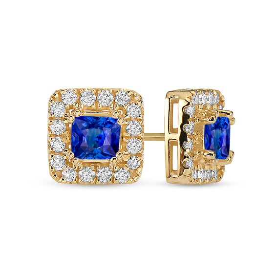 4.0mm Princess-Cut Blue Sapphire and 1/2 CT. T.w. Diamond Frame Stud Earrings in 10K Gold