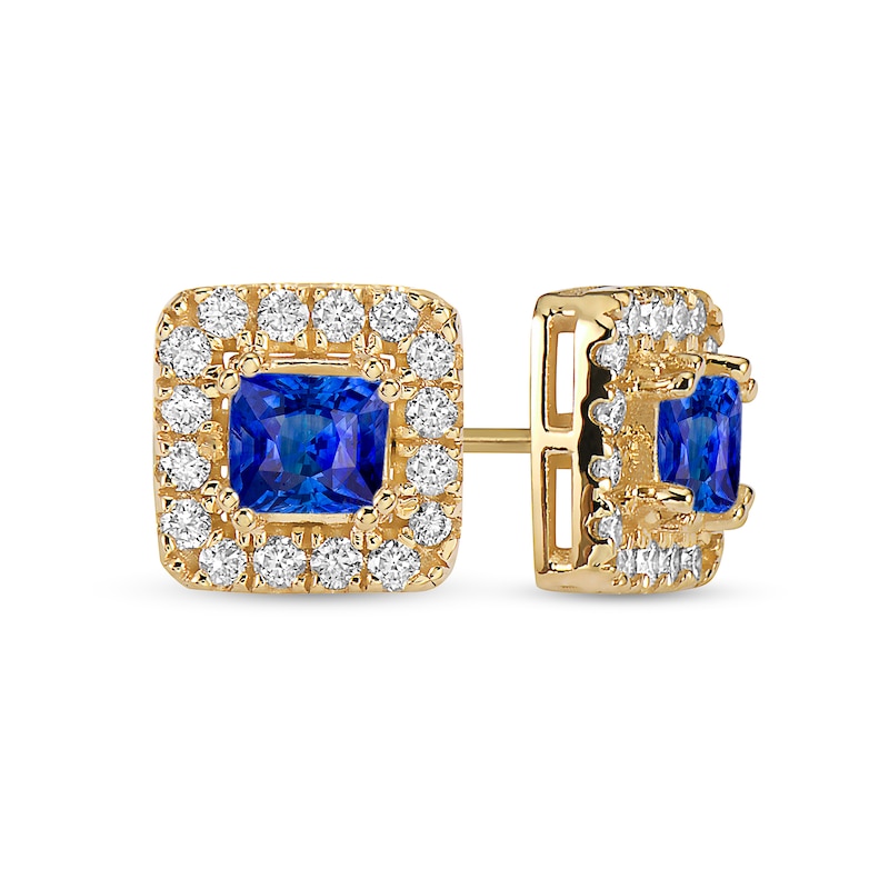 4.0mm Princess-Cut Blue Sapphire and 1/2 CT. T.W. Diamond Frame Stud Earrings in 10K Gold