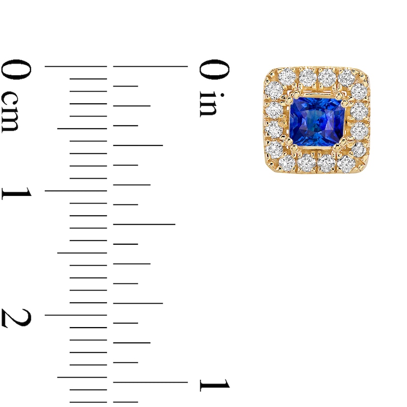 Main Image 2 of 4.0mm Princess-Cut Blue Sapphire and 1/2 CT. T.W. Diamond Frame Stud Earrings in 10K Gold