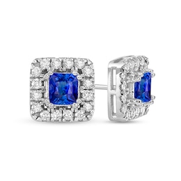 4.0mm Princess-Cut Blue Sapphire and 1/2 CT. T.W. Diamond Frame Stud Earrings in 10K White Gold