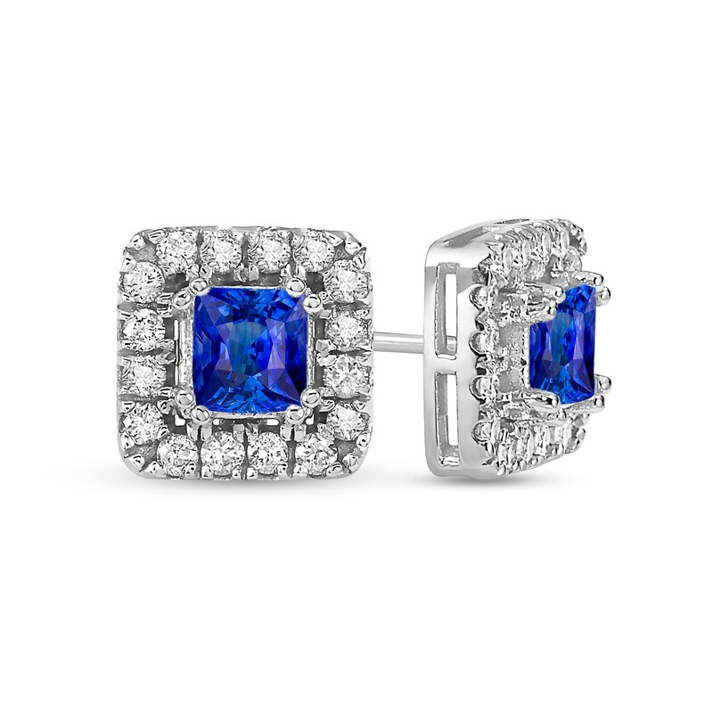 Main Image 1 of 4.0mm Princess-Cut Blue Sapphire and 1/2 CT. T.W. Diamond Frame Stud Earrings in 10K White Gold