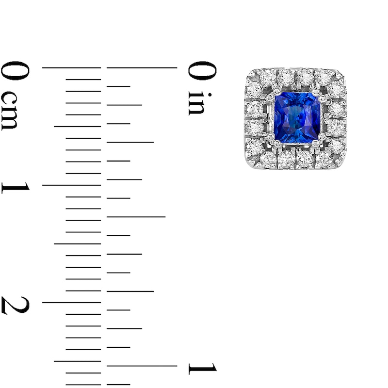 Main Image 2 of 4.0mm Princess-Cut Blue Sapphire and 1/2 CT. T.W. Diamond Frame Stud Earrings in 10K White Gold