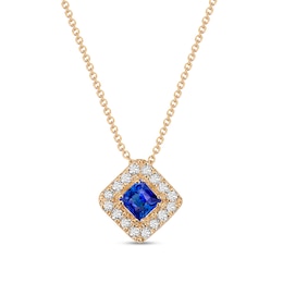 4.0mm Princess-Cut Blue Sapphire and 1/4 CT. T.W. Diamond Frame Tilted Pendant in 10K Gold