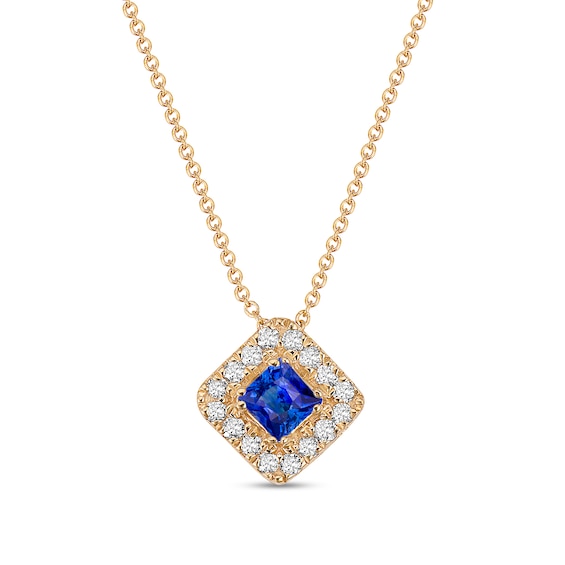 4.0mm Princess-Cut Blue Sapphire and 1/4 CT. T.w. Diamond Frame Tilted Pendant in 10K Gold
