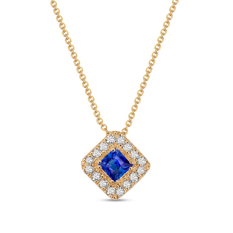 Main Image 1 of 4.0mm Princess-Cut Blue Sapphire and 1/4 CT. T.W. Diamond Frame Tilted Pendant in 10K Gold