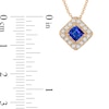 Thumbnail Image 1 of 4.0mm Princess-Cut Blue Sapphire and 1/4 CT. T.W. Diamond Frame Tilted Pendant in 10K Gold