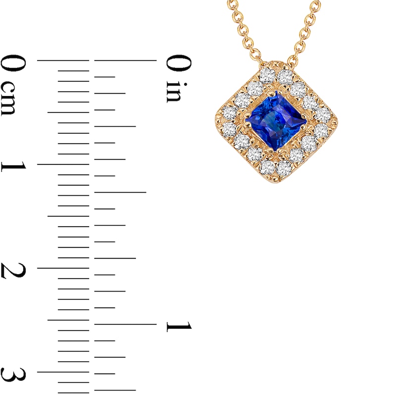 Main Image 2 of 4.0mm Princess-Cut Blue Sapphire and 1/4 CT. T.W. Diamond Frame Tilted Pendant in 10K Gold