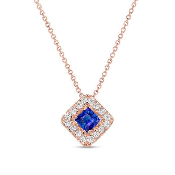 4.0mm Princess-Cut Blue Sapphire and 1/4 CT. T.w. Diamond Frame Tilted Pendant in 10K Rose Gold