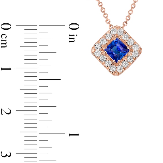 4.0mm Princess-Cut Blue Sapphire and 1/4 CT. T.w. Diamond Frame Tilted Pendant in 10K Rose Gold
