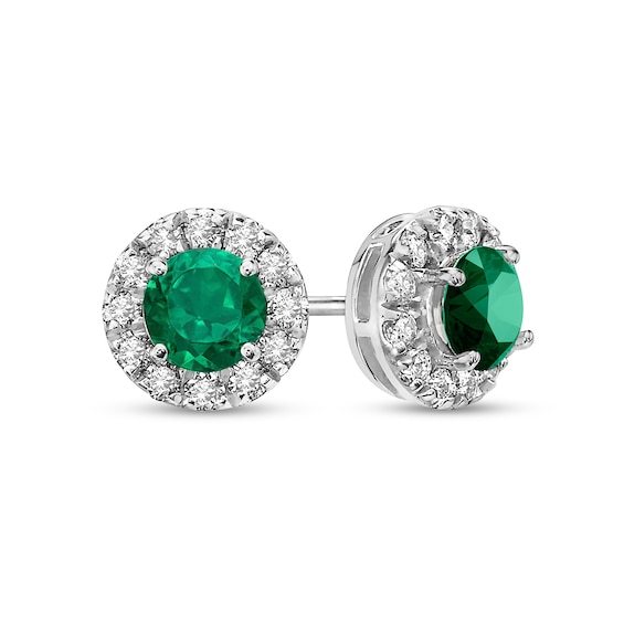 4.0mm Emerald and 1/3 CT. T.w. Diamond Frame Stud Earrings in 10K White Gold