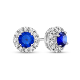 4.0mm Blue Sapphire and 1/3 CT. T.W. Diamond Frame Stud Earrings in 10K White Gold