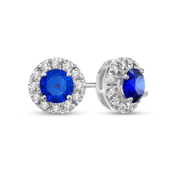 4.0mm Blue Sapphire and 1/3 CT. T.w. Diamond Frame Stud Earrings in 10K White Gold