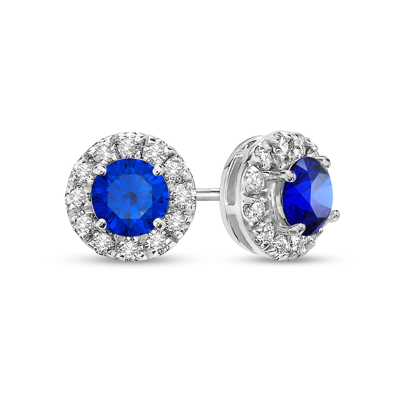 Main Image 1 of 4.0mm Blue Sapphire and 1/3 CT. T.W. Diamond Frame Stud Earrings in 10K White Gold