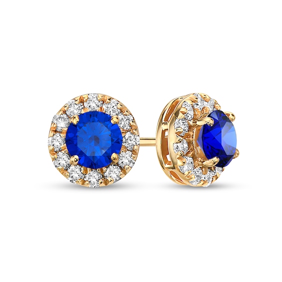 4.0mm Blue Sapphire and 1/3 CT. T.w. Diamond Frame Stud Earrings in 10K Gold