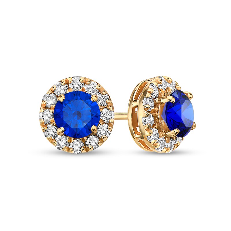 Main Image 1 of 4.0mm Blue Sapphire and 1/3 CT. T.W. Diamond Frame Stud Earrings in 10K Gold