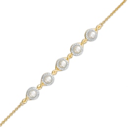 4.0mm Cultured Akoya Pearl and Diamond Accent Five Stone Bracelet in 10K Gold – 8.0&quot;