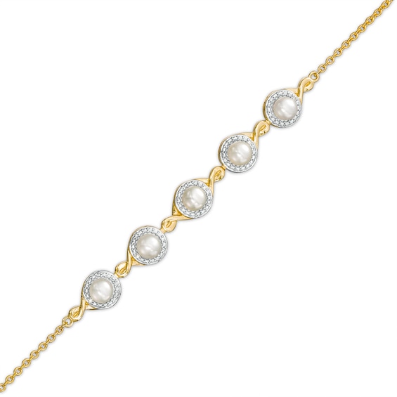 4.0mm Cultured Akoya Pearl and Diamond Accent Five Stone Bracelet in 10K Gold â 8.0"