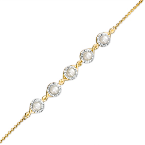 4.0mm Akoya Cultured Pearl and Diamond Accent Five Stone Bracelet in 10K Gold â 8.0"